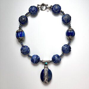 Vintage Carved LAPIS LAZULI and Silver Beaded Statement Necklace
